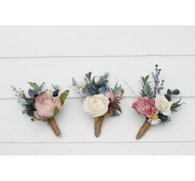 Wedding Boutonnieres & Wrist Corsages in Dusty Mauve, Dusty Blue & Ivory