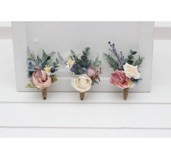 Wedding Boutonnieres & Wrist Corsages in Dusty Mauve, Dusty Blue & Ivory