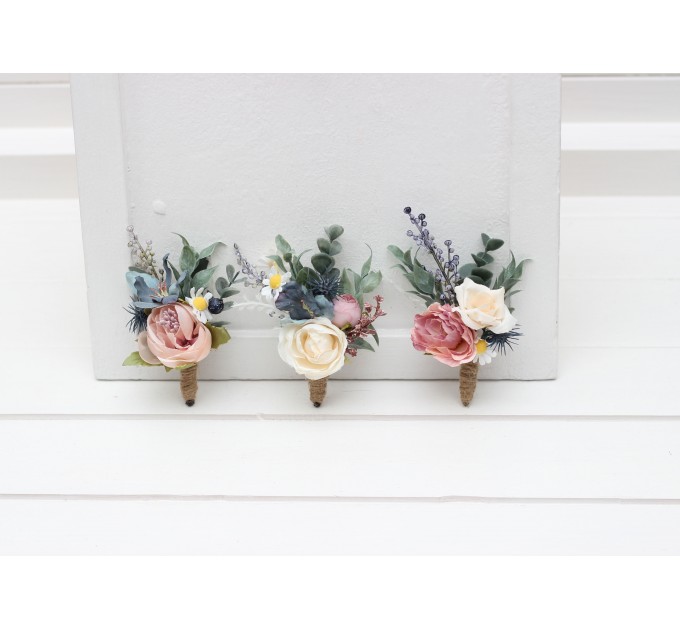 Wedding Boutonnieres & Wrist Corsages in Dusty Mauve, Dusty Blue & Ivory