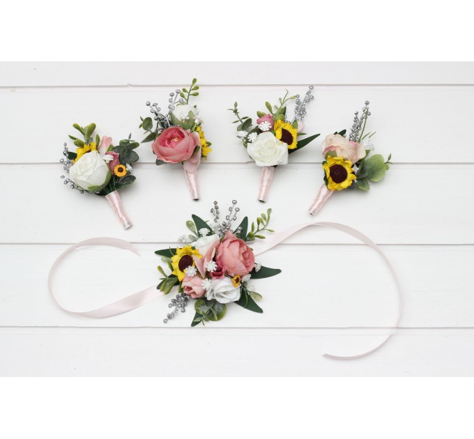 Wedding Boutonnieres & Wrist Corsages in White, Dusty Rose, Silver & Yellow | Sunflowers Wedding Accessories