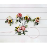  Wedding boutonnieres and wrist corsage in white dusty rose silver yellow color scheme. Sunflowers wedding  accessories. 5384