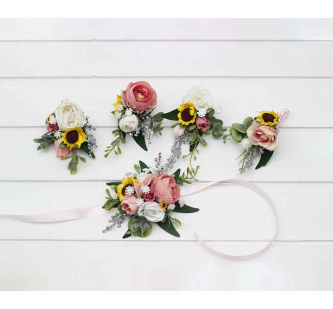 Wedding Boutonnieres & Wrist Corsages in White, Dusty Rose, Silver & Yellow | Sunflowers Wedding Accessories