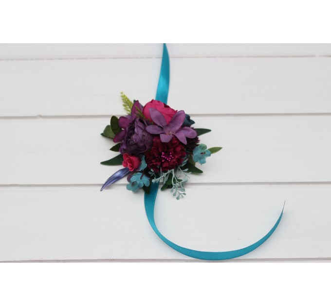 Wedding Boutonnieres & Wrist Corsage in Teal, Magenta, Blue & Purple | Faux Flower Accessories
