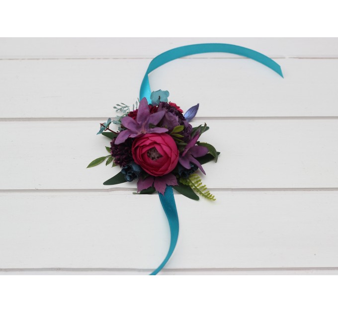 Wedding Boutonnieres & Wrist Corsage in Teal, Magenta, Blue & Purple | Faux Flower Accessories