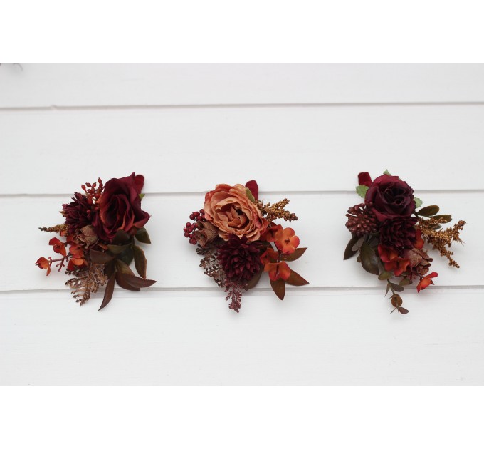 Wedding Boutonnieres & Wrist Corsages in Burgundy, Deep Red & Burnt Orange