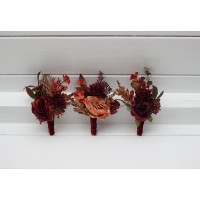  Wedding boutonnieres and wrist corsage  in burgundy deep red orange color scheme. Flower accessories for groom and groomsmen. Mother corsage. Prom flowers 5249