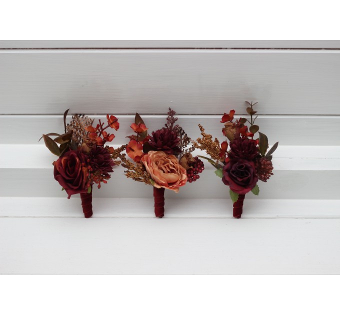 Wedding Boutonnieres & Wrist Corsages in Burgundy, Deep Red & Burnt Orange