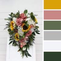 Cascade bridal bouquet with sunflowers in dusty rose, white, yellow and silver colors. Bridesmaid bouquet. Artificial wedding arrangement. 5384