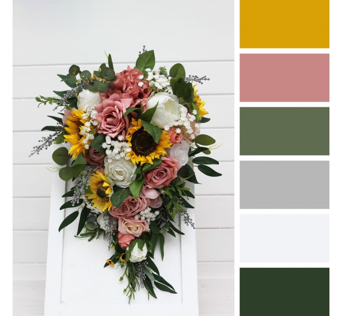 Cascade Bridal Bouquet with Sunflowers in Dusty Rose, White, Yellow & Silver | Artificial Wedding Flowers