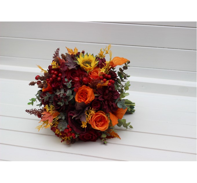 Burgundy, Orange & Purple Sunflower Bridal Bouquet | Faux Fall Wedding Flowers