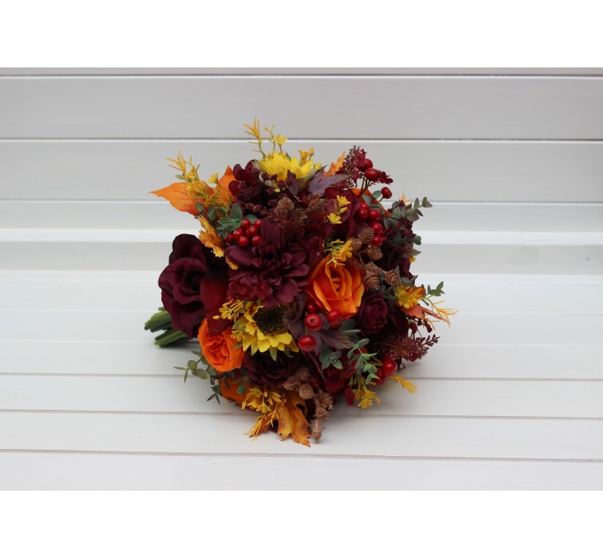 Burgundy, Orange & Purple Sunflower Bridal Bouquet | Faux Fall Wedding Flowers