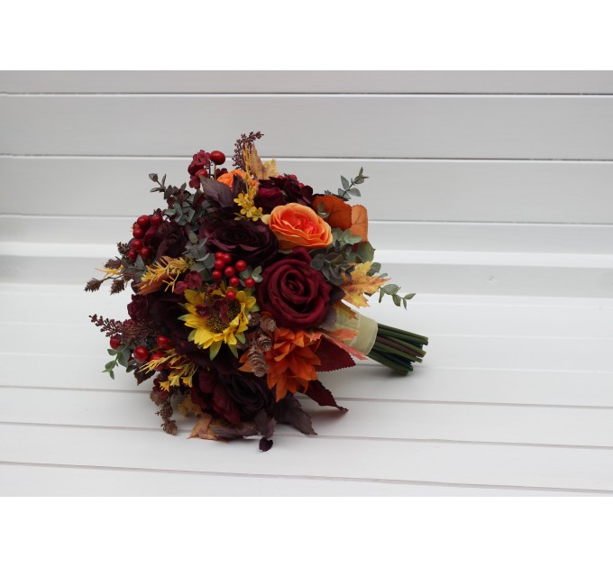 Burgundy, Orange & Purple Sunflower Bridal Bouquet | Faux Fall Wedding Flowers
