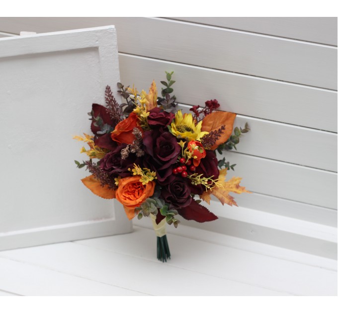 Burgundy, Orange & Purple Sunflower Bridal Bouquet | Faux Fall Wedding Flowers