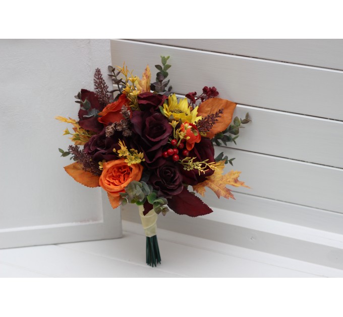 Burgundy, Orange & Purple Sunflower Bridal Bouquet | Faux Fall Wedding Flowers