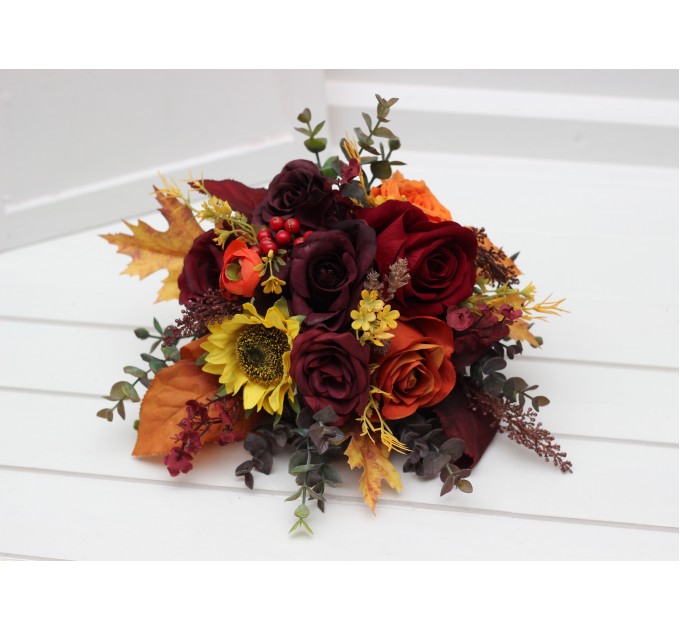 Burgundy, Orange & Purple Sunflower Bridal Bouquet | Faux Fall Wedding Flowers