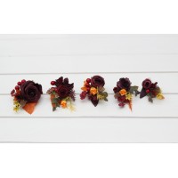 Purple burgundy orange wedding flowers. Sunflowers boutonnieres and corsages. Fiance buttonhole. Mother wrist corsage. 5385