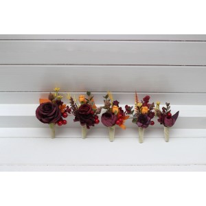 Purple burgundy orange wedding flowers. Sunflowers boutonnieres and corsages. Fiance buttonhole. Mother wrist corsage. 5385