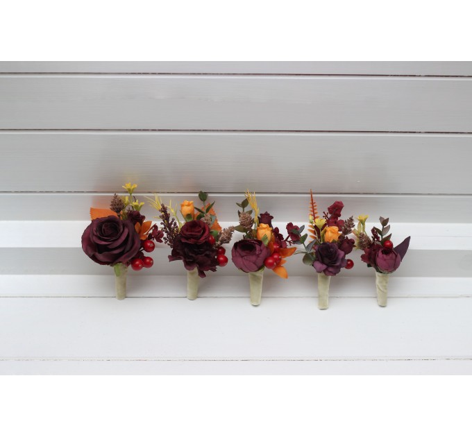Purple, Burgundy & Orange Sunflower Wedding Boutonnieres & Corsages