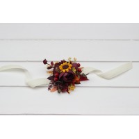 Purple burgundy orange wedding flowers. Sunflowers boutonnieres and corsages. Fiance buttonhole. Mother wrist corsage. 5385
