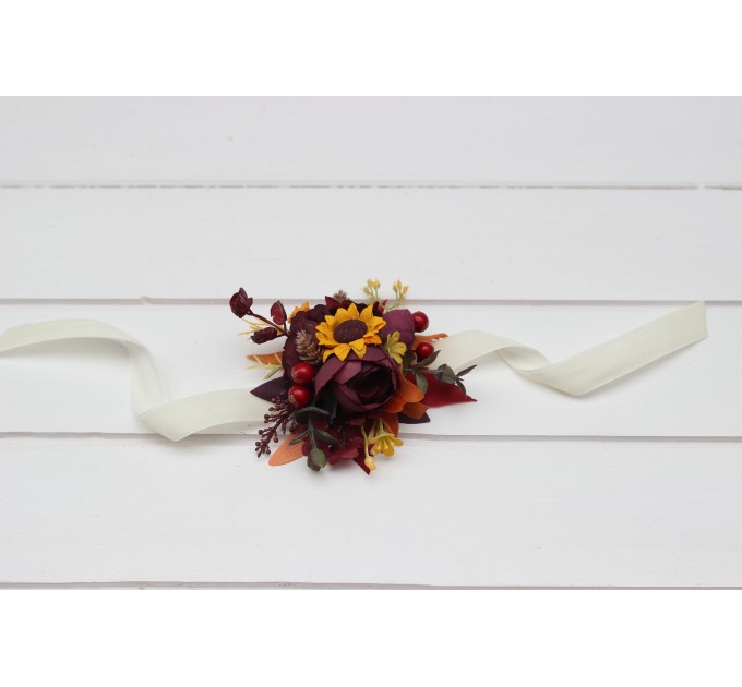 Purple, Burgundy & Orange Sunflower Wedding Boutonnieres & Corsages