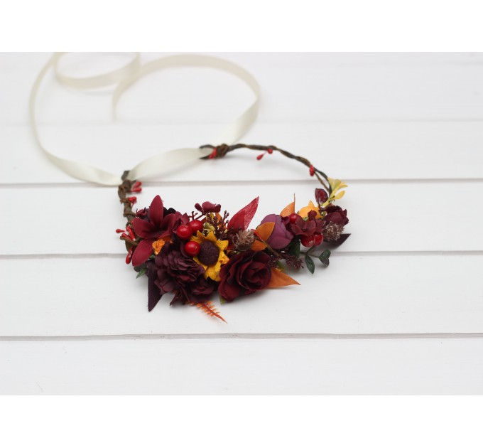 Purple, Burgundy & Orange Flower Crown | Sunflower Headband for Fall Weddings