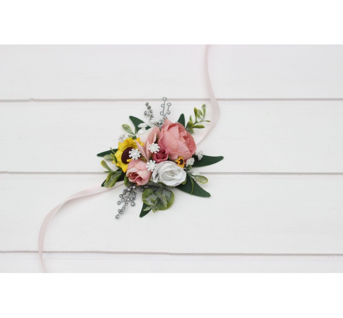 Wedding Boutonnieres & Wrist Corsages in White, Dusty Rose, Silver & Yellow | Sunflowers Wedding Accessories
