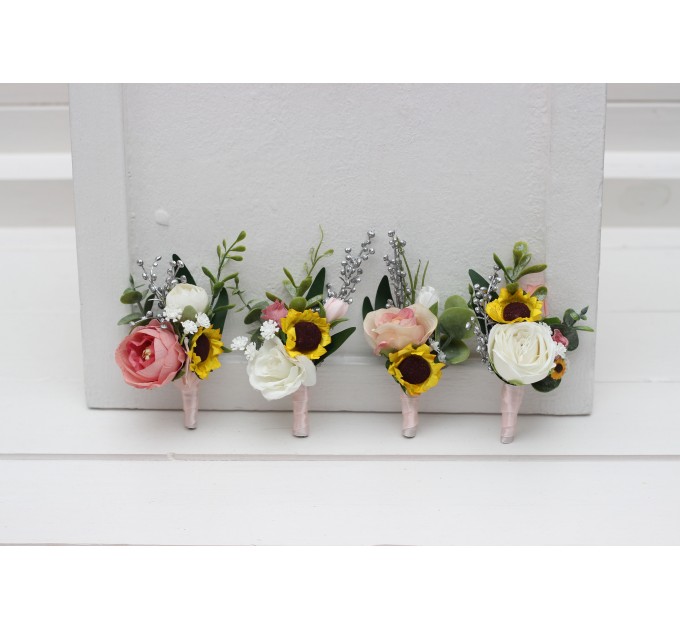 Wedding Boutonnieres & Wrist Corsages in White, Dusty Rose, Silver & Yellow | Sunflowers Wedding Accessories