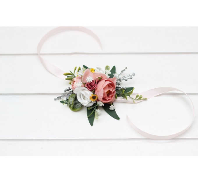 Wedding Boutonnieres & Wrist Corsages in White, Dusty Rose, Silver & Yellow | Sunflowers Wedding Accessories