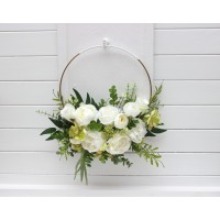 Flower hoop in white and green colors. Alternative bridesmaid bouquet. Ring for floral backdrop. 5362