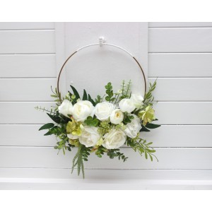 Flower hoop in white and green colors. Alternative bridesmaid bouquet. Ring for floral backdrop. 5362