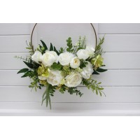 Flower hoop in white and green colors. Alternative bridesmaid bouquet. Ring for floral backdrop. 5362