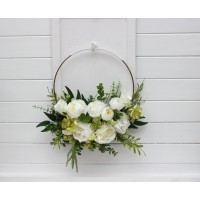 Flower hoop in white and green colors. Alternative bridesmaid bouquet. Ring for floral backdrop. 5362