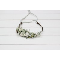Sage green white ivory flower crown. Wedding hair wreath. Flower girl headband. 5391