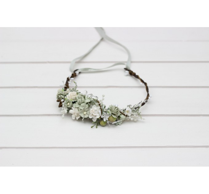Sage Green, White & Ivory Flower Crown | Wedding Hair Wreath