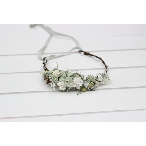 Sage green white ivory flower crown. Wedding hair wreath. Flower girl headband. 5391