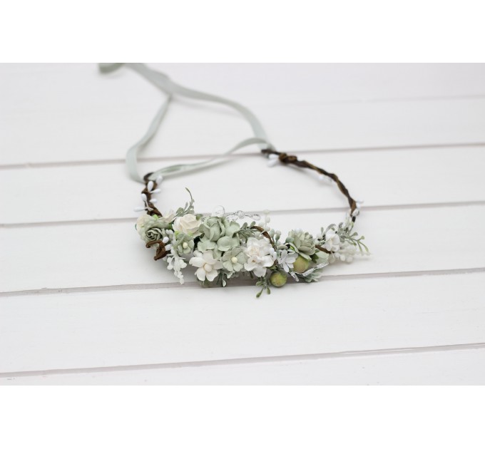 Sage Green, White & Ivory Flower Crown | Wedding Hair Wreath