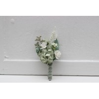  Wedding boutonniere  in sage green white ivory color scheme. Groom accessories. Prom buttonhole. 5391