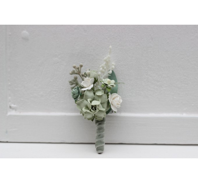 Wedding Boutonniere in Sage Green, White & Ivory | Groom & Prom Accessories