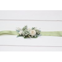 Sage green white ivory belt for wedding. Floral sash for flower girl. 5391