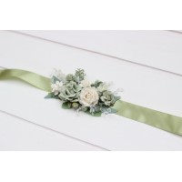 Sage green white ivory belt for wedding. Floral sash for flower girl. 5391