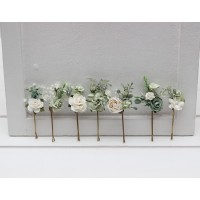  Set of  7 hair pins in  sage green white ivory color scheme. Flower bobby pins. Hair wedding accessories. Bridesmaid gift.  5391