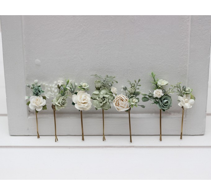 Set of 7 Hair Pins in Sage Green, White & Ivory | Floral Wedding Accessories