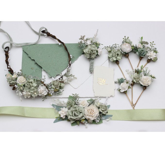 Set of 7 Hair Pins in Sage Green, White & Ivory | Floral Wedding Accessories