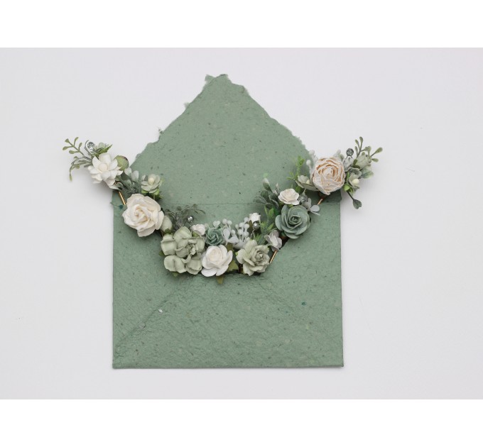 Set of 7 Hair Pins in Sage Green, White & Ivory | Floral Wedding Accessories