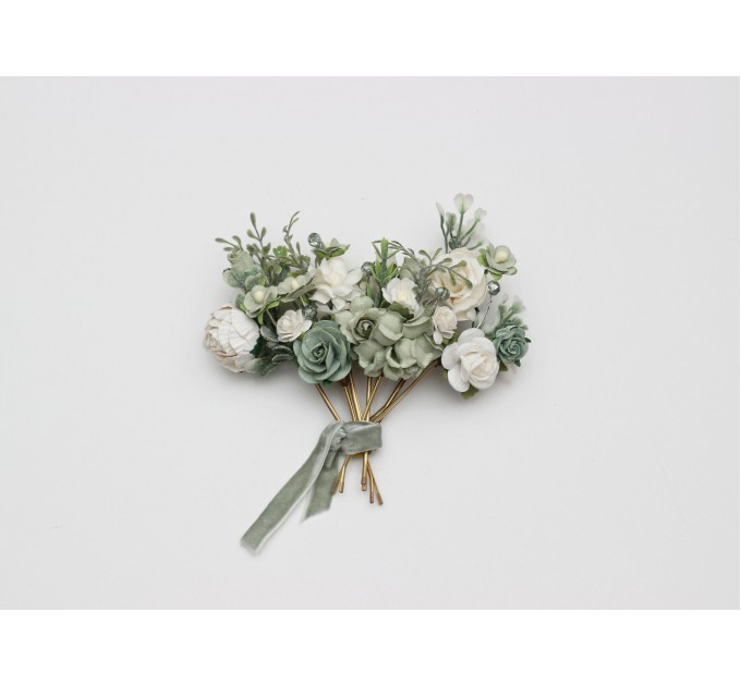 Set of 7 Hair Pins in Sage Green, White & Ivory | Floral Wedding Accessories