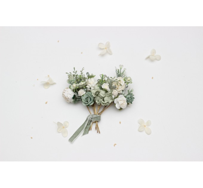 Set of 7 Hair Pins in Sage Green, White & Ivory | Floral Wedding Accessories