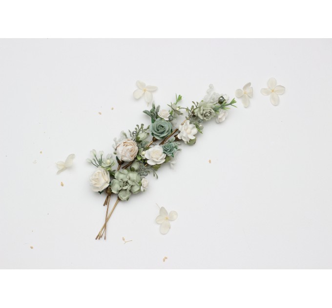 Set of 7 Hair Pins in Sage Green, White & Ivory | Floral Wedding Accessories