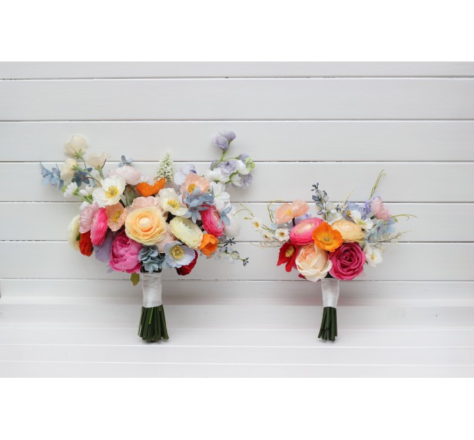 Colorful Bridal Bouquet – Orange, Peach, Dusty Blue, Ivory, and Pink Faux Flowers