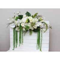 Flower arch arrangement in white green colors with hanging amaranthus. Arbor wedding flowers. Floral arch. Faux flowers for wedding decor. 5361