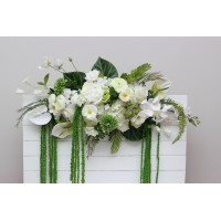 Flower arch arrangement in white green colors with hanging amaranthus. Arbor wedding flowers. Floral arch. Faux flowers for wedding decor. 5361